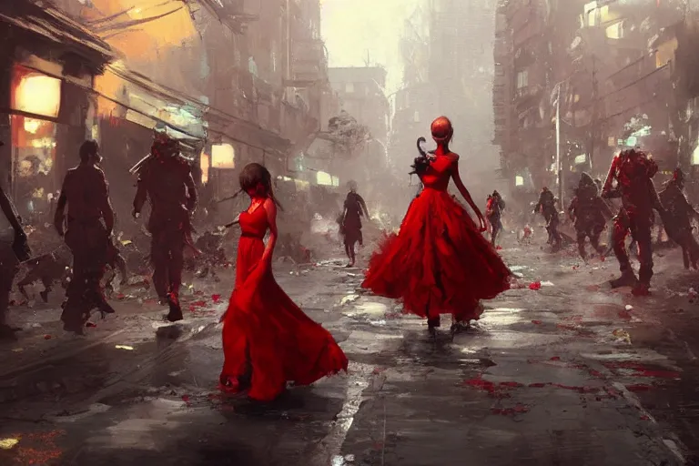 Image similar to a girl in a red dress walking in the middle of a street surrounded by zombies, Craig Mullins, krenz cushart, guweiz, wlop