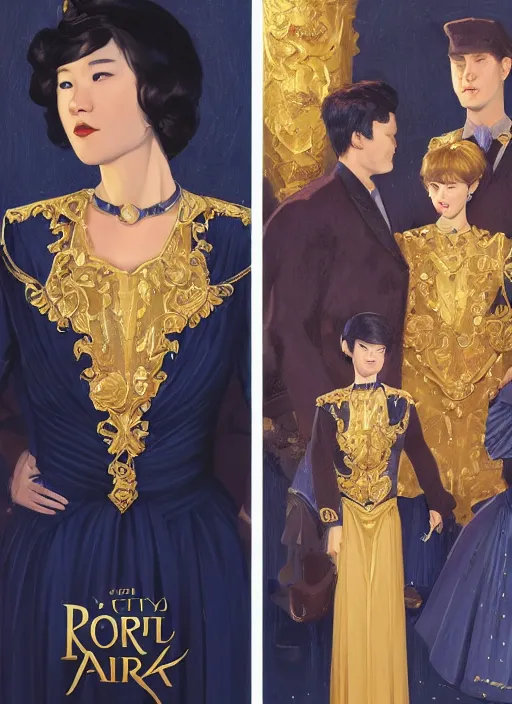 Image similar to full - length portrait of a park so - dam, dressed in a navy blue gown with gold embroidered details, golden brown hair, detailed face, fantasy, cinematic lighting, digital art painting, fine details by realistic shaded lighting poster by ilya kuvshinov katsuhiro otomo, magali villeneuve, artgerm, jeremy lipkin and michael garmash and rob rey