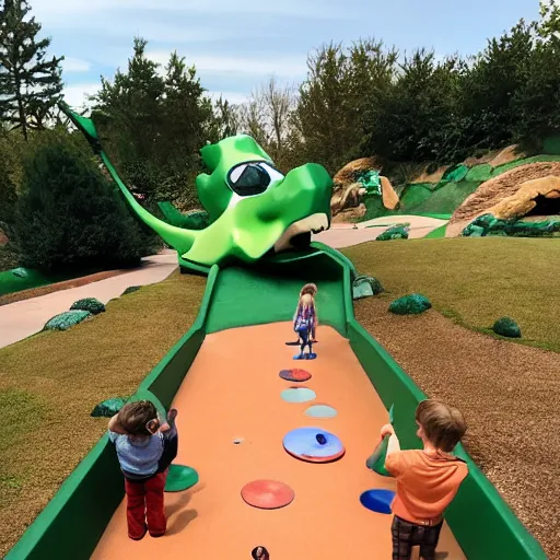 Image similar to family playing mini golf at a dinosaur themed park, mini put, top down view