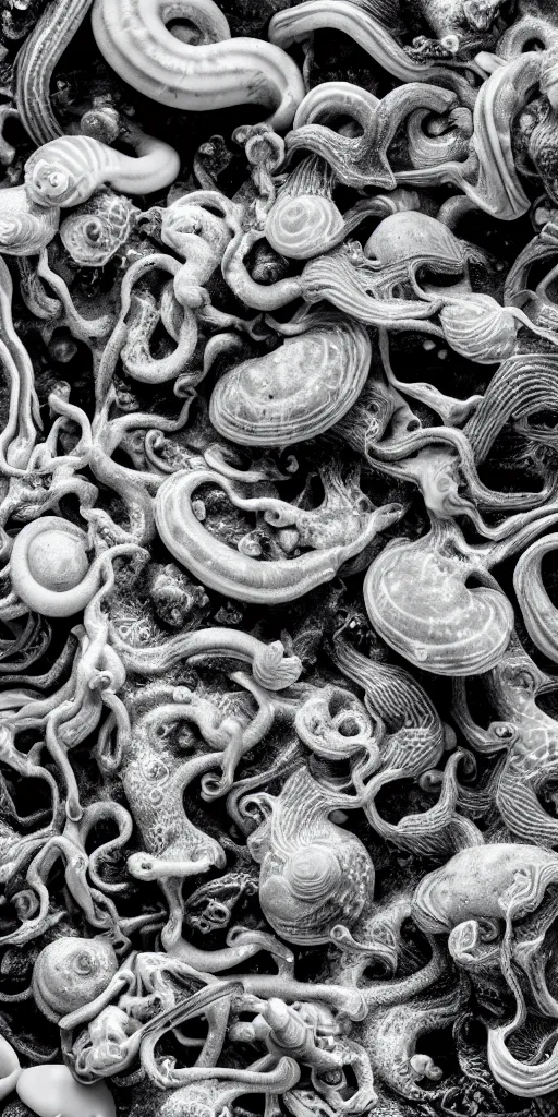 Image similar to a photorealistic render of a spiky mollusk, greyscale, made of melted plastic and marble, c 4 d, by zhelong xu and ernst haeckel, wide angle, hyper realistic, plain black background, 8 k, volumetric lightning, octane render