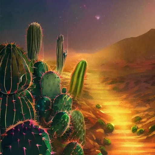 Prompt: glowing cacti, bioluminescent cactus flowers and succulents in the desert night. highly detailed, volumetric lighting, sharp focus, trending on art station, digital painting by wlop, rossdraws, artgerm