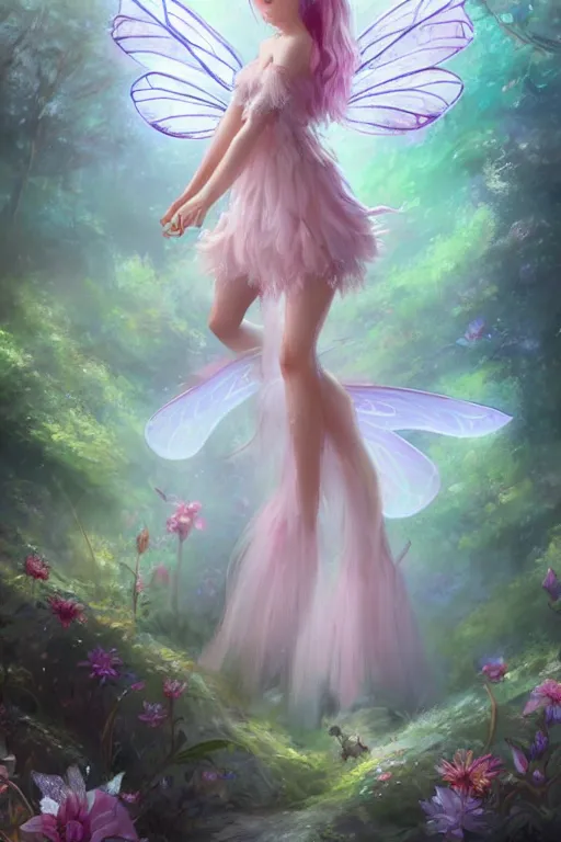 Image similar to a cute and geogerous fairy in the dreamy forest, fantasy, dreamlike, 8 k resolution, hyper detailed, d & d, character design, digital painting, trending on artstation, sharp focus, illustration, art by viktoria gavrilenko, hoang lap, fuji choko, steve zheng,