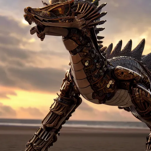 Image similar to a highly detailed close up of a beautiful majestic anthropomorphic robot female dragon, with smooth and streamlined mechanical armor, standing and posing elegantly on a beach, well detailed head with LED eyes, with sharp claws on her hands and feet, two arms, two legs, long tail, artstation, DeviantArt, professional, octane render, sunset lighting