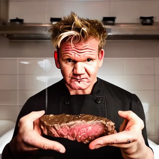 Prompt: gordon ramsay eating steak from a toilet