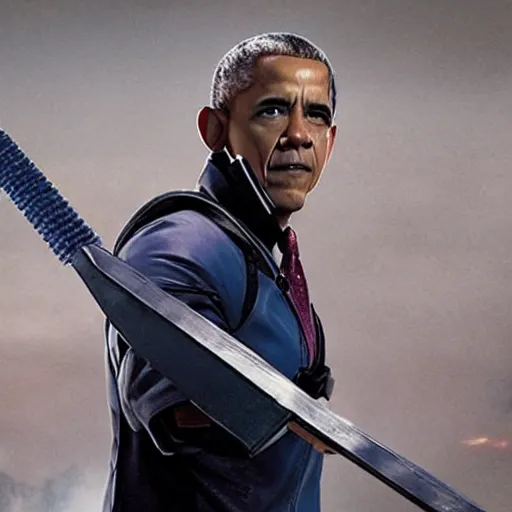Image similar to film still of Obama as Hawkeye in Marvel’s Avengers