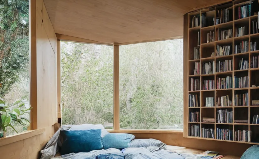 Image similar to interior desing magazine photo of a big window with a wooden frame to sit on, some sandy yellow pillows, there are books and plants on a integrated shelf, great architecture, ambient light, 8k