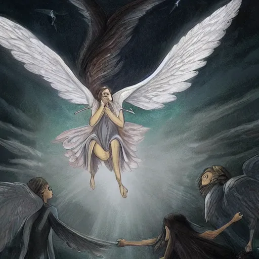 Image similar to A beautiful illustration of a winged creature, possibly an angel, flying high above a group of people in a dark, wooded area. The creature's wings are spread wide and its head is turned upwards, as if it is looking towards the sky. The people below are looking up at the creature with a mixture of awe and fear. by Keith Parkinson, by Carl Larsson evocative