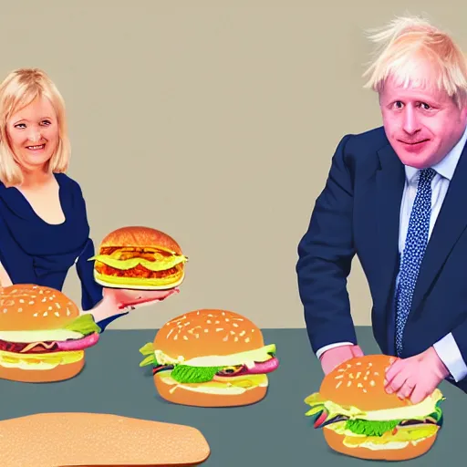 Image similar to boris johnson working at burger king serving liz truss a burger digital art