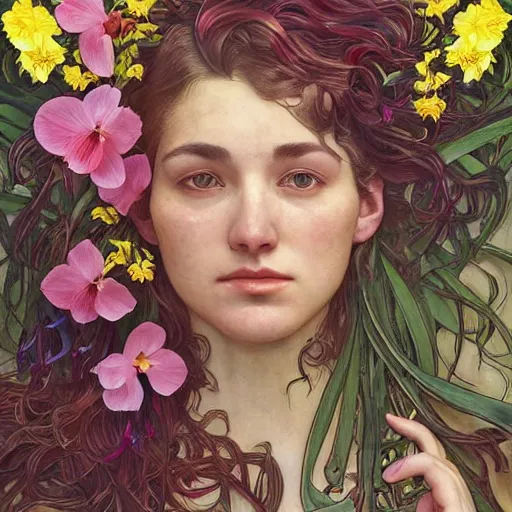 Image similar to a beautiful fine art portrait photo of a resting cyborg, wavy hair spread out, surrounded by hibiscus, daffodils, moth orchids, montsera leaves by alphonse mucha and zach sutton, soft lighting, very detailed, deep depth of field, artstation, 4K