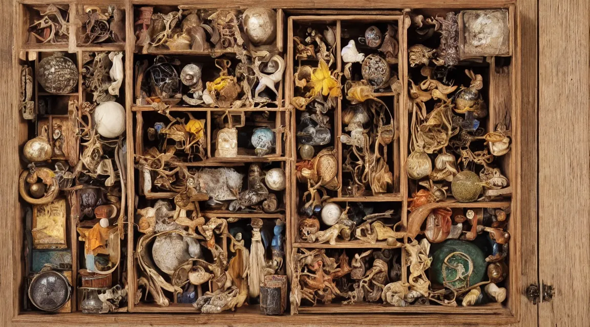 Image similar to wooden box with cabinet of curiosities neatly ordenend with strange natural artifacts and wonders of the world, photo realistic, professional photo, by Steve McCurry