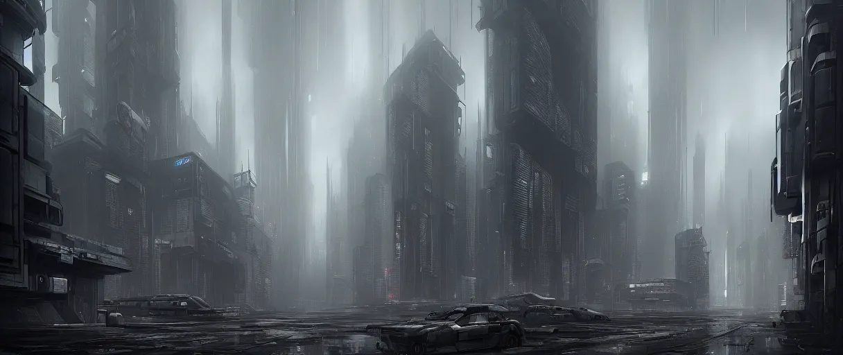 Image similar to dystopian cyberpunk world, with doors everywhere, grey sky, monochrome except doors, concept art, matte painting, high detail, buildings made of doors, large scale, digital painting, style of jordan grimmer, high res