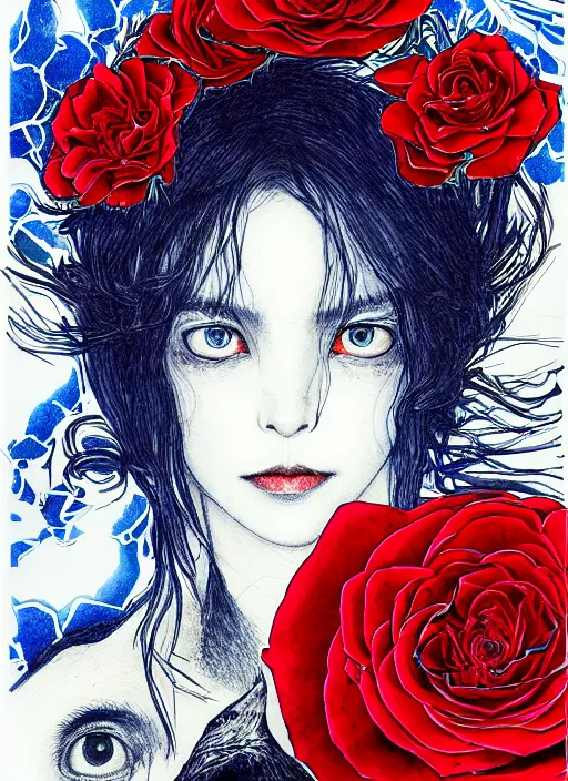 Prompt: portrait, A crow with red eyes in front of the full big moon, book cover, red roses at the top, blue white black colors, establishing shot, extremly high detail, foto realistic, cinematic lighting, pen and ink, intricate line drawings, by Yoshitaka Amano, Ruan Jia, Kentaro Miura, Artgerm, post processed, concept art, artstation, matte painting, style by eddie mendoza, raphael lacoste, alex ross