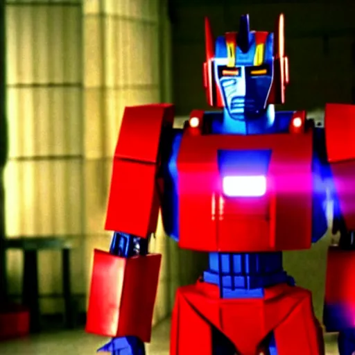 Prompt: mr. bean as optimus prime from the transformers movie. movie still. cinematic lighting.