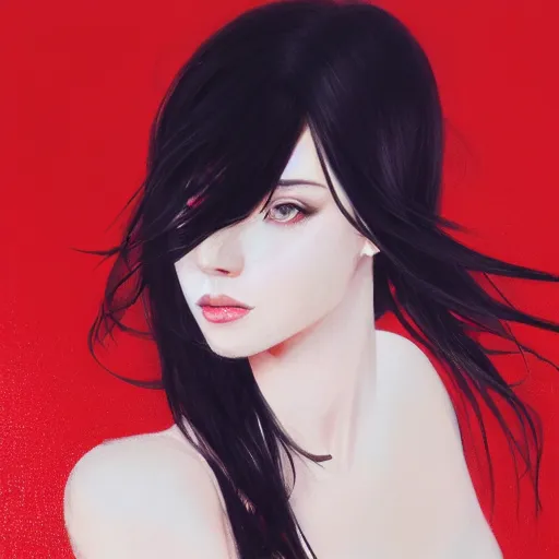 Image similar to woman with long dark black hair wearing red clothing standing by the beach, beautiful, 8k, highly detailed, realistic, artgerm, sakimichan, rutkowski, trending on artstation, perfect face, portrait, high contrast, golden light, dramatic lighting,