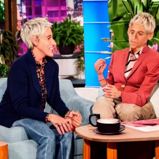 Image similar to jeffrey epstein interview on the elen degeneres show, plastic mannequins in the crowd, highly detailed facial expressions