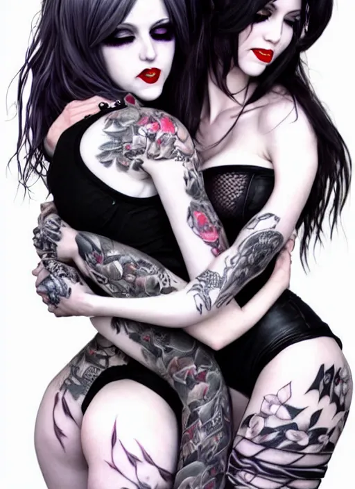 Prompt: a full body shot of two feminine pale skin cosplay beautiful goth girls hugging each other in close proximity, light gray eyes, big red lips, black hair, feet posing, goth style, fully tattooed body, fishnet clothes, beautiful detailed face, masterpiece, paint by artgerm