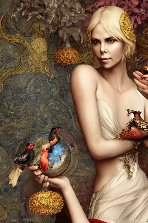 Image similar to charlize theron 3 d render of english princess holding birds, ornaments, mucha vibe, dieselpunk, solarpunk, artstation