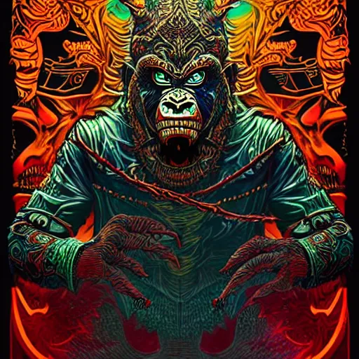 Image similar to barong family member with face, wiwek, mara demon, one single tribe member, jungle, one single mask, dark, ancient warrior, gorilla, lizard, tribal, inner glow, art by dan mumford and justin gerard