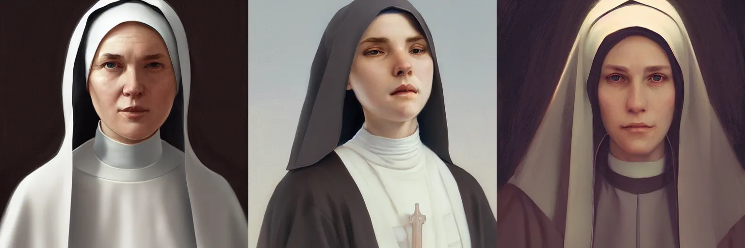 Prompt: portrait of a person named 9iJk11NHVN as a nun, highly detailed, digital painting, artstation, concept art, sharp focus, illustration, art by artgerm and greg rutkowski and alphonse mucha