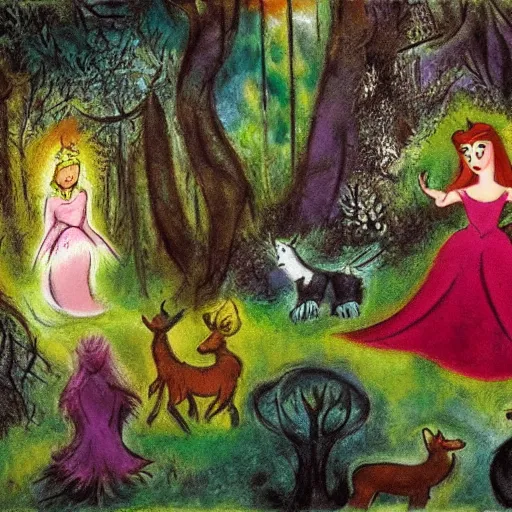 Prompt: A detailed mixed media art of Princess Aurora singing in the woods while animals look on. The colors are light and airy, with a hint of mystery in the shadows. The overall effect is dreamlike and fairy-tale like. by Walt Disney, by Marc Chagall