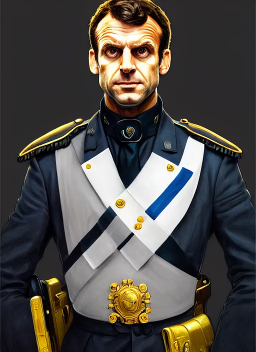 Image similar to portrait of stoic looking emmanuel macron, full body, police uniform, intricate, hivis, elegant, beautiful, highly detailed, digital painting, artstation, concept art, smooth, sharp focus, illustration, art by artgerm and greg rutkowski and alphonse mucha