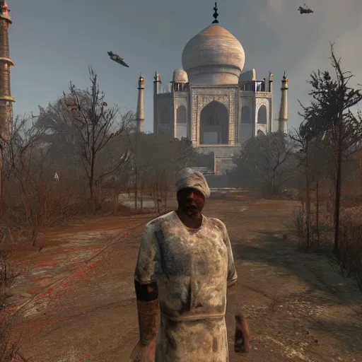 Image similar to taj mahal in ruins post - nuclear war in fallout 4, in game screenshot