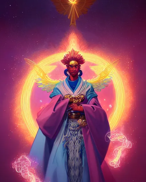 Image similar to a character portrait of only one male angel of justice with golden fiery wings, surrounded with spiriling sparkling rose crystals and galaxies, by peter mohrbacher, hyper light drifter, ukiyo - e trending on artstation