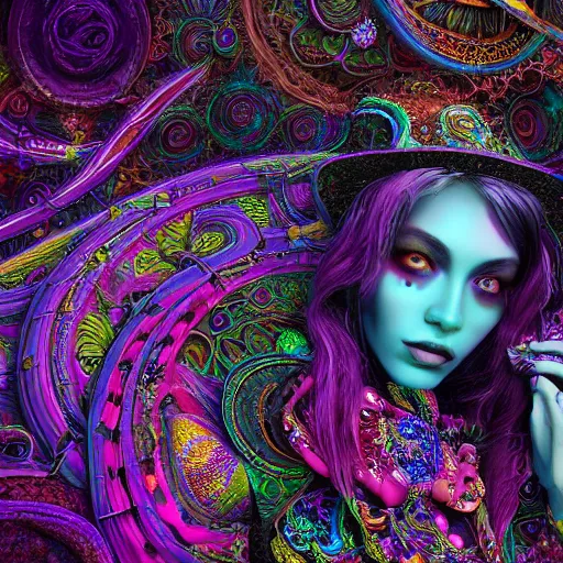 Image similar to psychadelic witch, hyper detailed, flowing psychadelic background intricate and detailed, ornate 8 k gorgeous intricate detailed, octane render