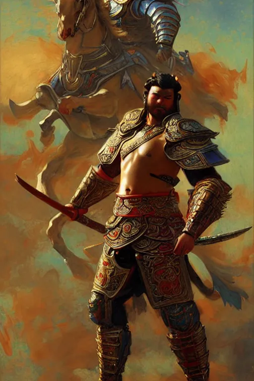 Image similar to attractive beefy male with armor, ming dynasty, character design, colorful paint, sweat, painting by gaston bussiere, craig mullins, j. c. leyendecker