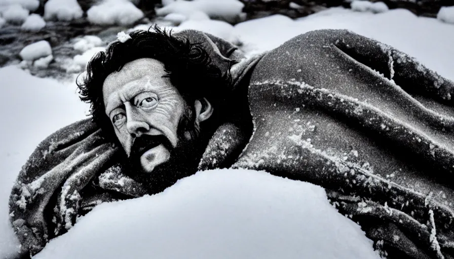 Prompt: 1 9 6 0 s movie still close up of marcus aurelius frozen to death under the snow on a river's shore with gravel, frozen hair, pine forests, cinestill 8 0 0 t 3 5 mm b & w, high quality, heavy grain, high detail, texture, dramatic light, anamorphic, hyperrealistic, detailed hair foggy