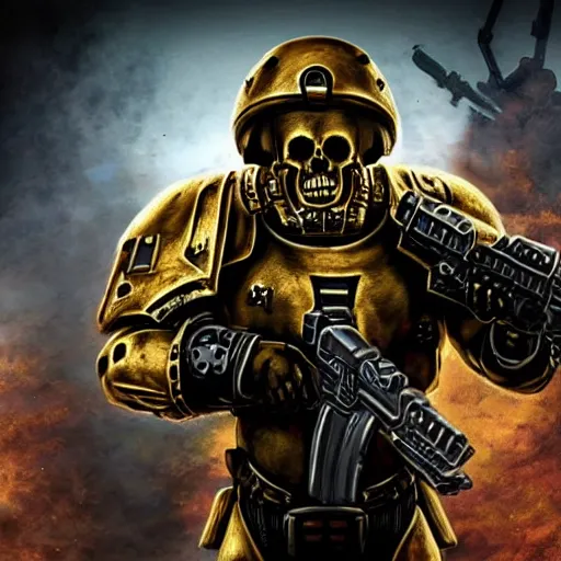 Prompt: a single human marine soldier full body with normal anatomy Warhammer 40k, wearing a small space marine skull helmet, wearing a full suit of symmetrical black space marine armor plating, golden skulls decorating armor, walking, holding arm up and aiming a bolt pistol, battlefield scene with smoke, seamless, grunge aesthetic