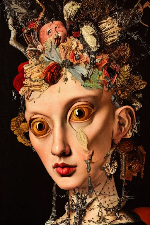 Image similar to Detailed maximalist portrait with large lips and with large eyes. HD mixed media, 3D collage, highly detailed and intricate illustration in the style of Caravaggio, dark art, baroque