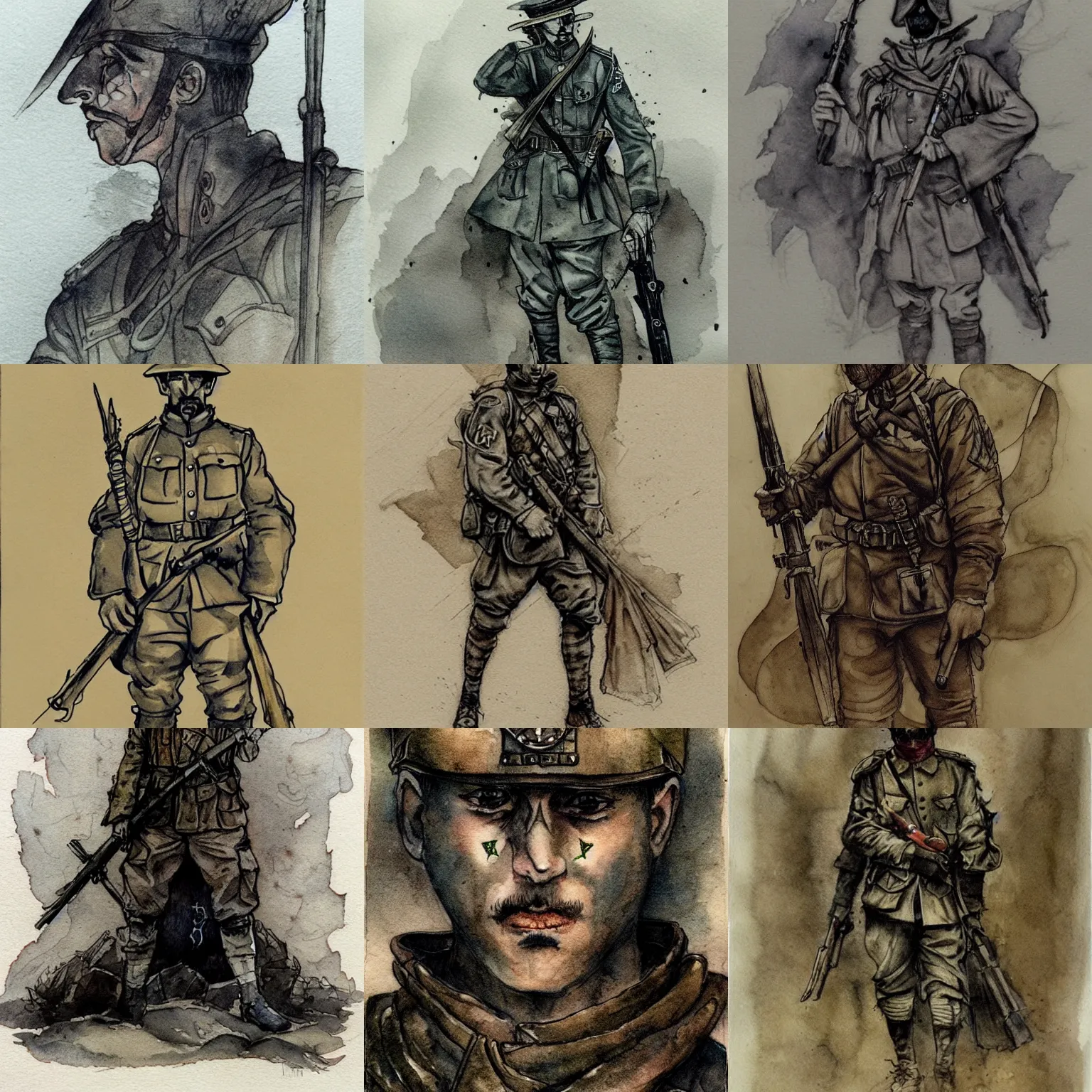 Prompt: beautiful aesthetic inspirational masterful professional ink pen and watercolor sketch of an occult mystical eerie satanic soldier in ww 1 verdun, fine details, trending on artstation, high quality paper