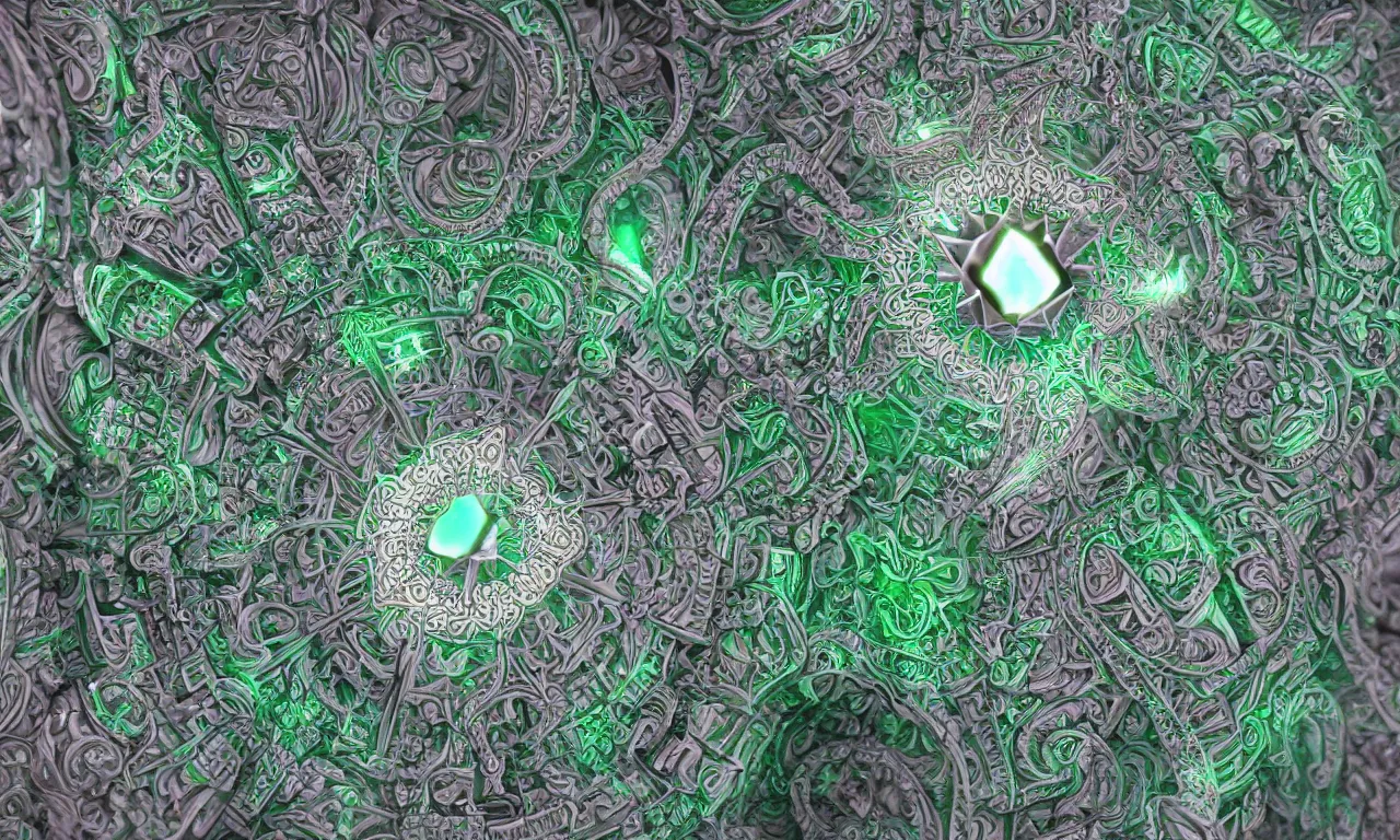 Image similar to mandrelbot 3 d volume fractal mandala ceramic chakra digital color stylized an ancient white bone and emerald gemstone relic, intricate engraving concept 3 d point lighting substance patern natural color scheme, global illumination ray tracing hdr fanart arstation by sung choi and eric pfeiffer and gabriel garza and casper konefal