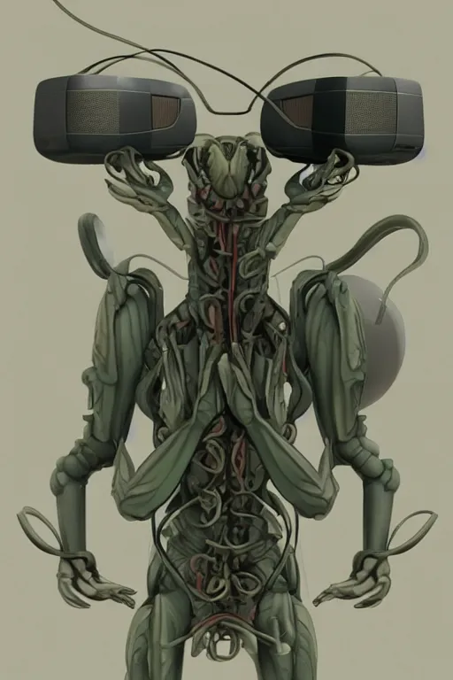 Prompt: a praying mantis kaiju DJ wearing headphones and carrying two big subwoofer speaker boxes, featured on artstation, cgsociety