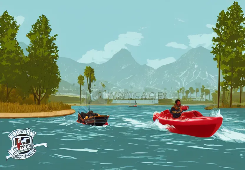 Image similar to A Grand Theft Auto styled illustration, extremely detailed featuring a river in Europe, surrounded by trees and fields. A dinghy is slowly moving through the water. Sun is shining.