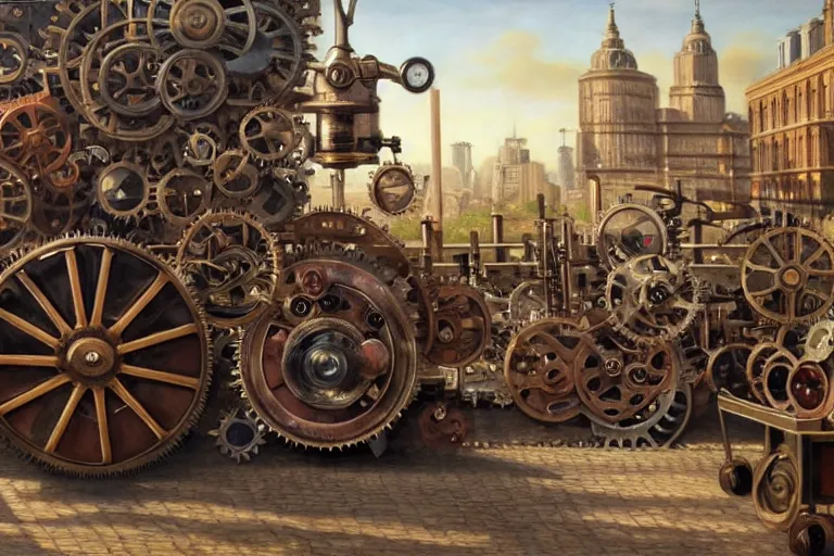 Image similar to ( ( a beautiful 8 k photorealistic masterpiece oil painting ) ( of ( a lot of detailed cogs and complex machinery while tons of people on the background ) ) ) ( hyperrealism ) ( 1 6 k ) ( trending on artstation )