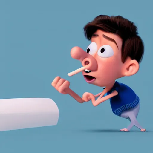 Image similar to a Pixar style cartoon of a man chewing on a bandaid.