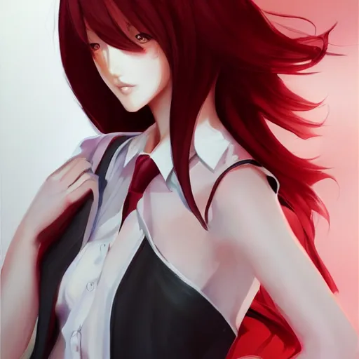 Image similar to kurisu makise, elegant, ultra highly detailed, digital painting, smooth, sharp focus, artstation, top-down shot, red background, art by Ina Wong