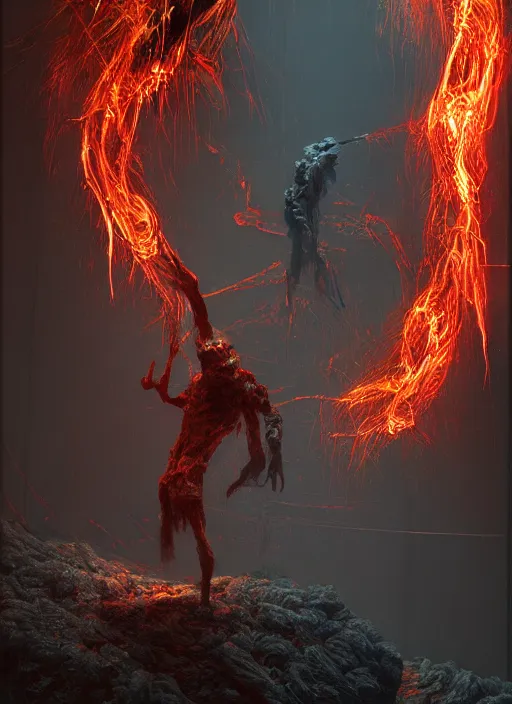 Image similar to rgb wires, fire, rage, cinematic, movie scene, inspired by zdzislaw beksinski, clothes made out of veins,, cables everywhere, bedroom, ultra realistic, concept art, intricate details, highly detailed, photorealistic, octane render, 8 k