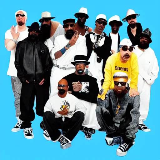 Image similar to heisenberg posing with the wu - tang clan, realistic