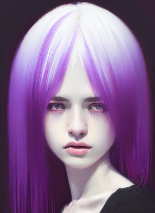 Image similar to hair whitebangs hair, black hair, whitebangs, portrait of teenage girl with white bangs, red irises, purple clothes, white bangs, bangs are different color from hair, intricate, elegant, glowing lights, highly detailed, digital painting, artstation, concept art, smooth, sharp focus, illustration, art by wlop, mars ravelo and greg rutkowski