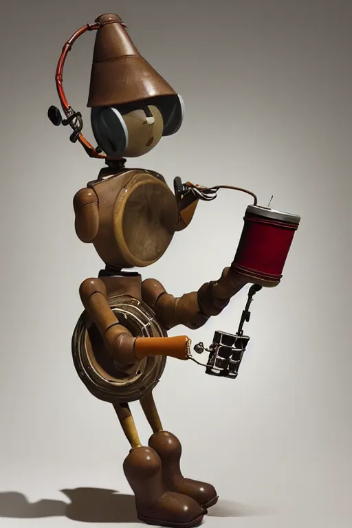 Prompt: glazed ceramic sculpture of a country bumpkin robot playing a banjo, straw in his mouth, standing on a speaker, fantasy, studio lighting, rim lighting, mystical, high detail, style of rene magritte, hyper realistic, 8 k