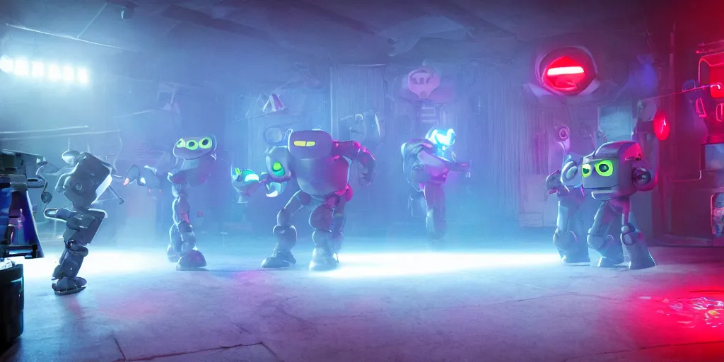 Prompt: a cinematic still of a laser tag game between robots and pixar monsters cinematography by Denis Villeneuve volumetric lighting