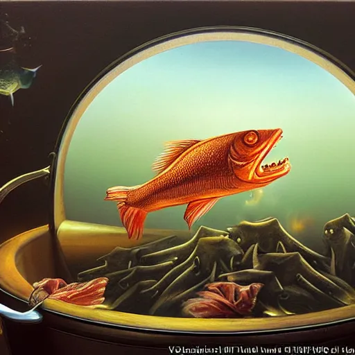 Image similar to surprised fish on a pile of fish in a cooking pot on fire, side view, by vladimir kush, dystopian art, rococo