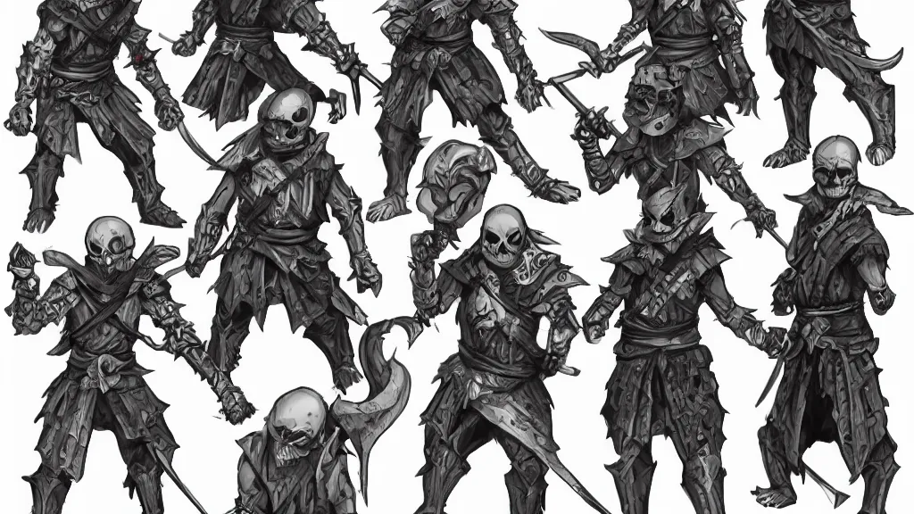 Image similar to a fantasy ninja skeleton warrior character design sheet, trending on artstation