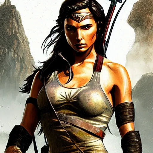 Prompt: Gal Gadot as Tomb Raider. Moody light. Girl power. Movie poster art. Boris Vallejo