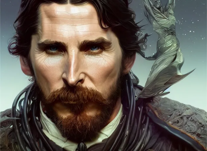 Image similar to christian bale as oscar diggs, intricate, d & d, wizard, powerful, fantasy, art nouveau, digital painting, trending on artstation, sharp focus, wide shot, illustration, global illumination, ray tracing, art by artgerm and greg rutkowski and ruan jia