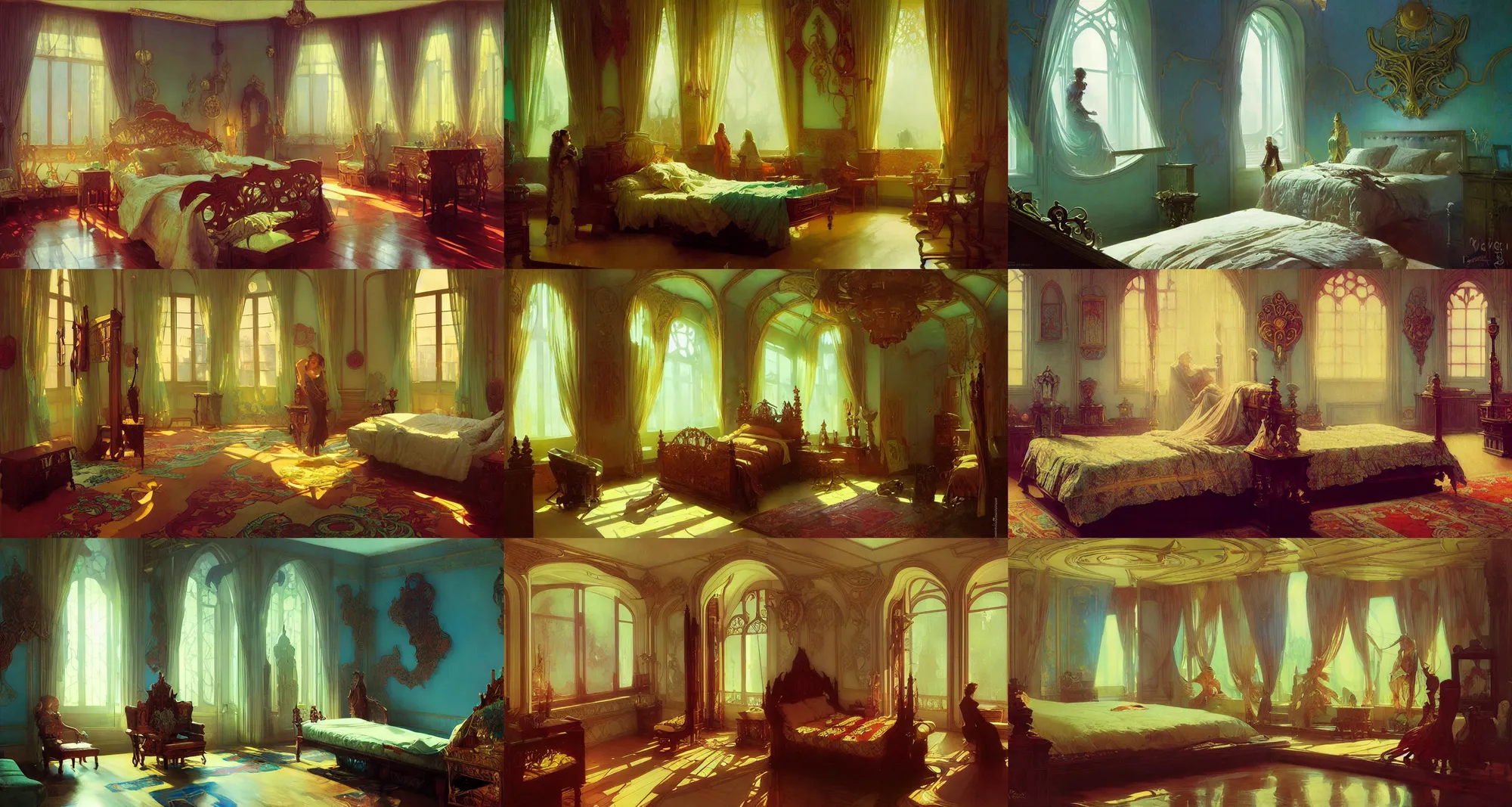 Prompt: bedroom, art nouveau architecture, fantasy, art by joseph leyendecker, ivan aivazovsky, ruan jia, reza afshar, marc simonetti, alphonse mucha