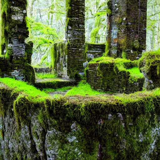 Prompt: old ruins with moss on top, direct sunlight